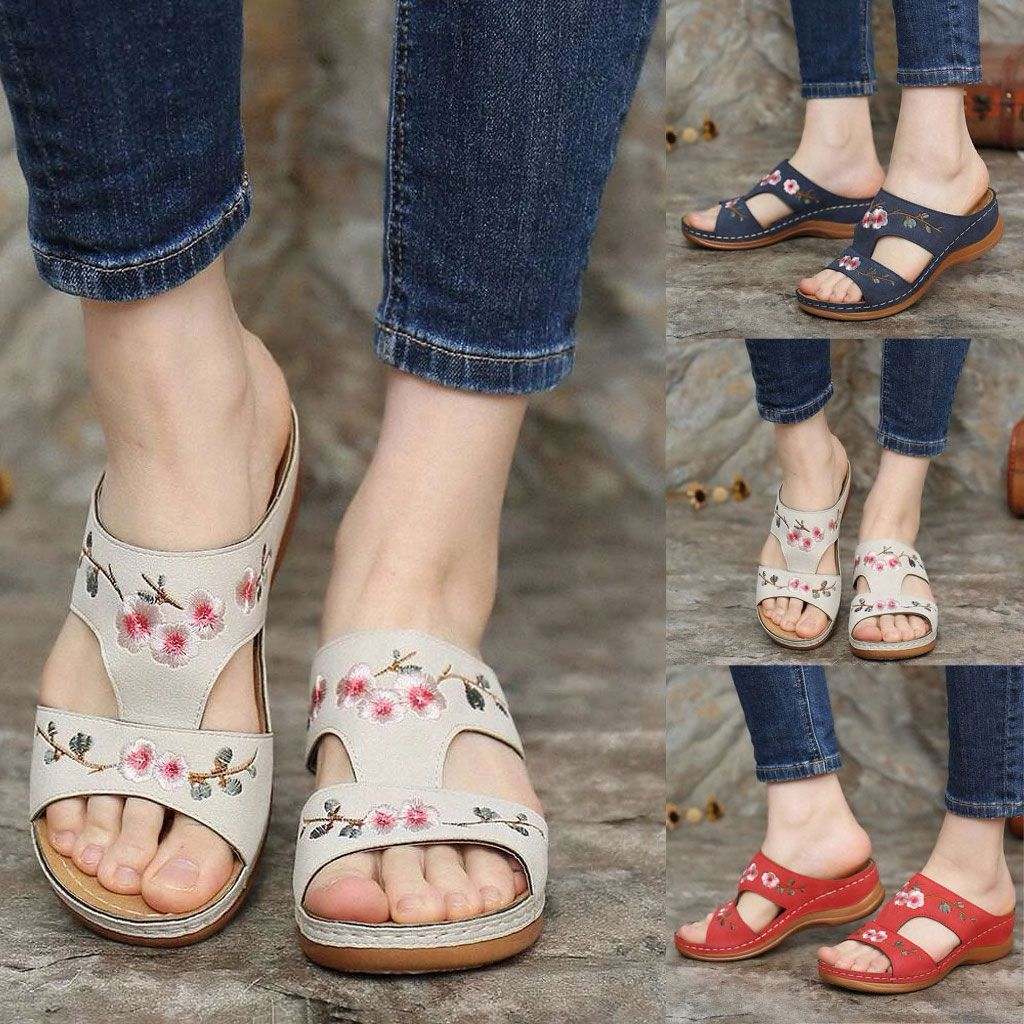 Premium Flower Embroidery Wedge Sandals