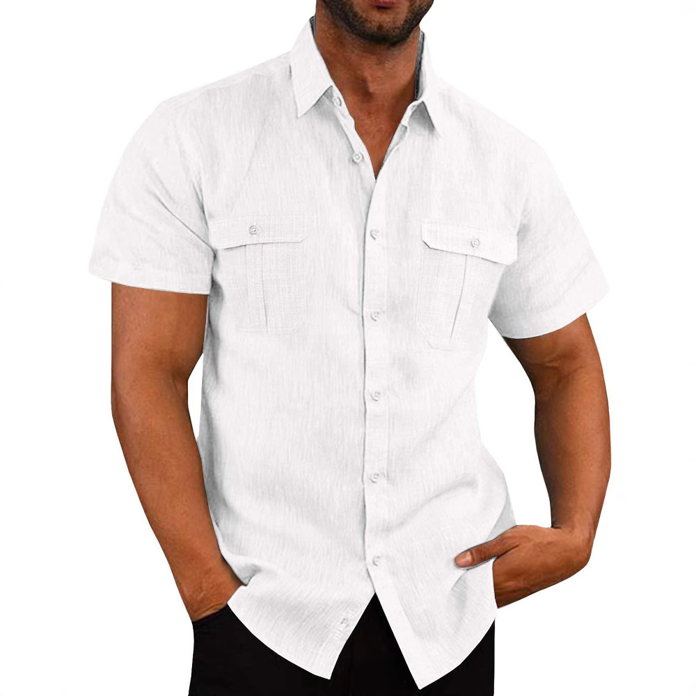 Men's Double Pocket Cotton Linen Short Sleeve Shirt
