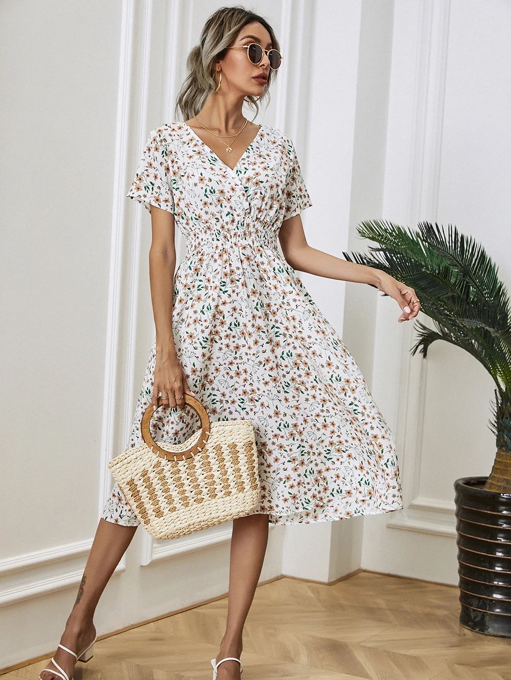Summer V-neck floral print short-sleeved dress
