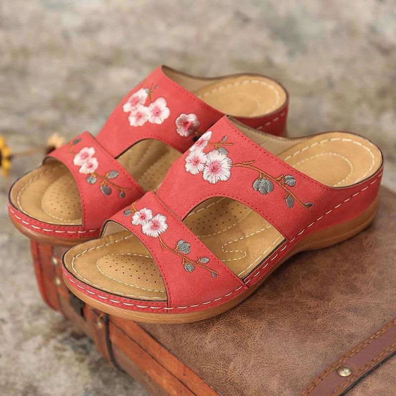 Premium Flower Embroidery Wedge Sandals