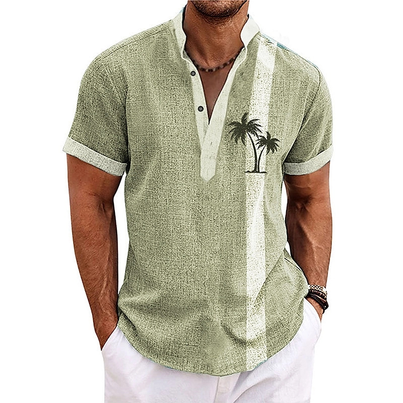 Men's Shirt Linen Shirt Beach Shirt Coconut Tree Outdoor Vacation Light Green Navy Blue Blue Brown Short Sleeve Stand Collar Summer Spring Clothing Apparel Print