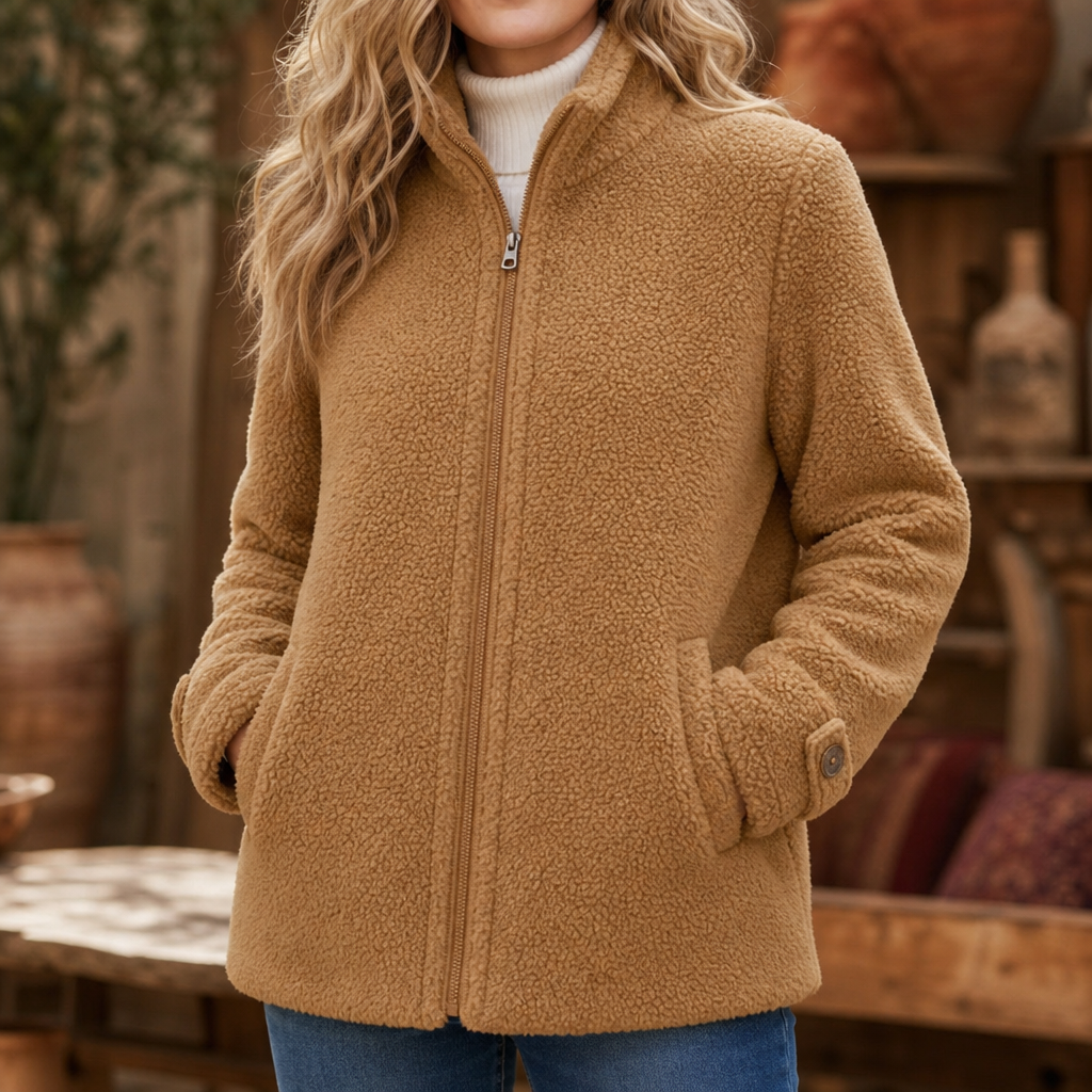 Kosmooy– Plush Fleece-Look Zip-Up Jacket With Stand Collar