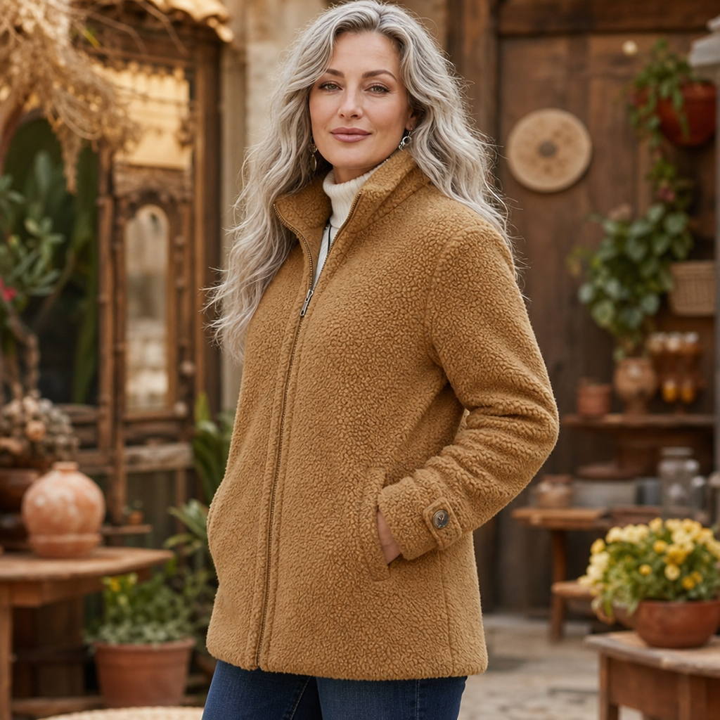 Kosmooy– Plush Fleece-Look Zip-Up Jacket With Stand Collar