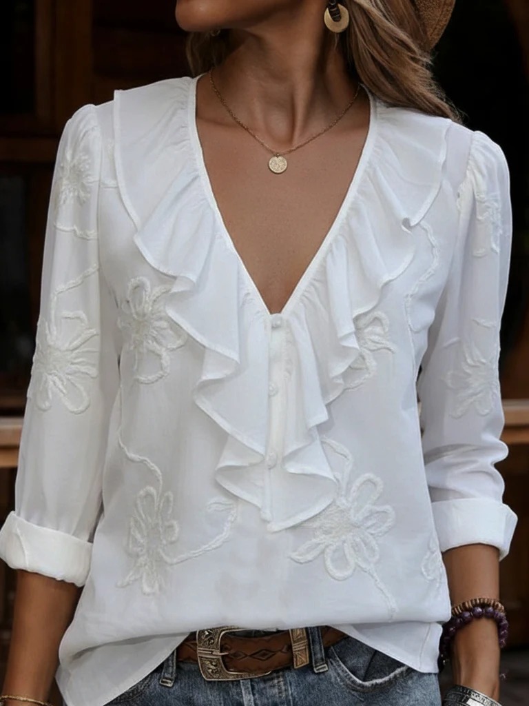 New Arrivals🔥 Women's Casual Solid Color Embroidered Ruffle Top