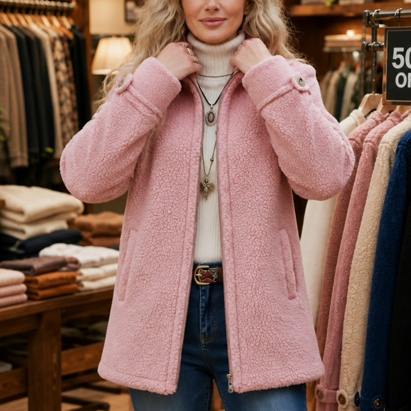 Kosmooy– Plush Fleece-Look Zip-Up Jacket With Stand Collar