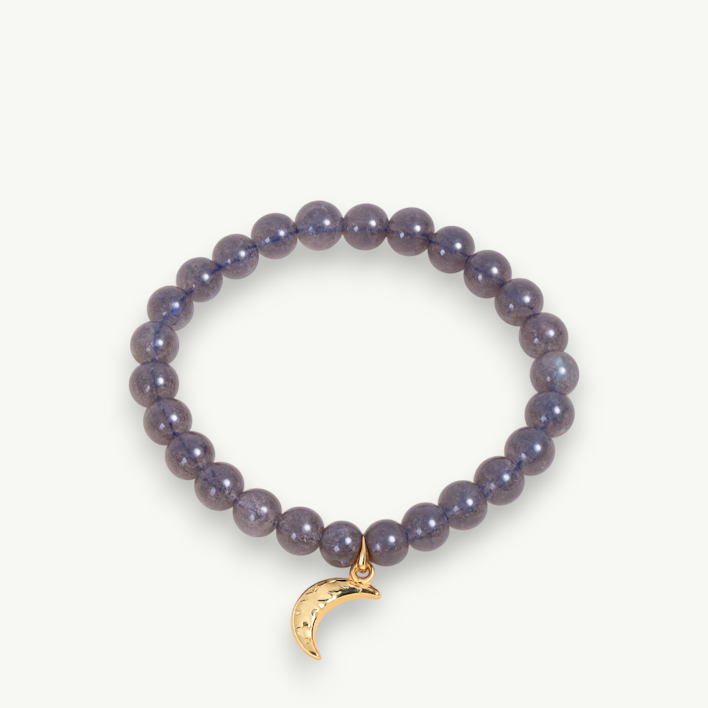 Silver Dreamstone Bracelet — Grey Moonstone Healing Crystal Bracelet| 18K Gold-Plated Charm