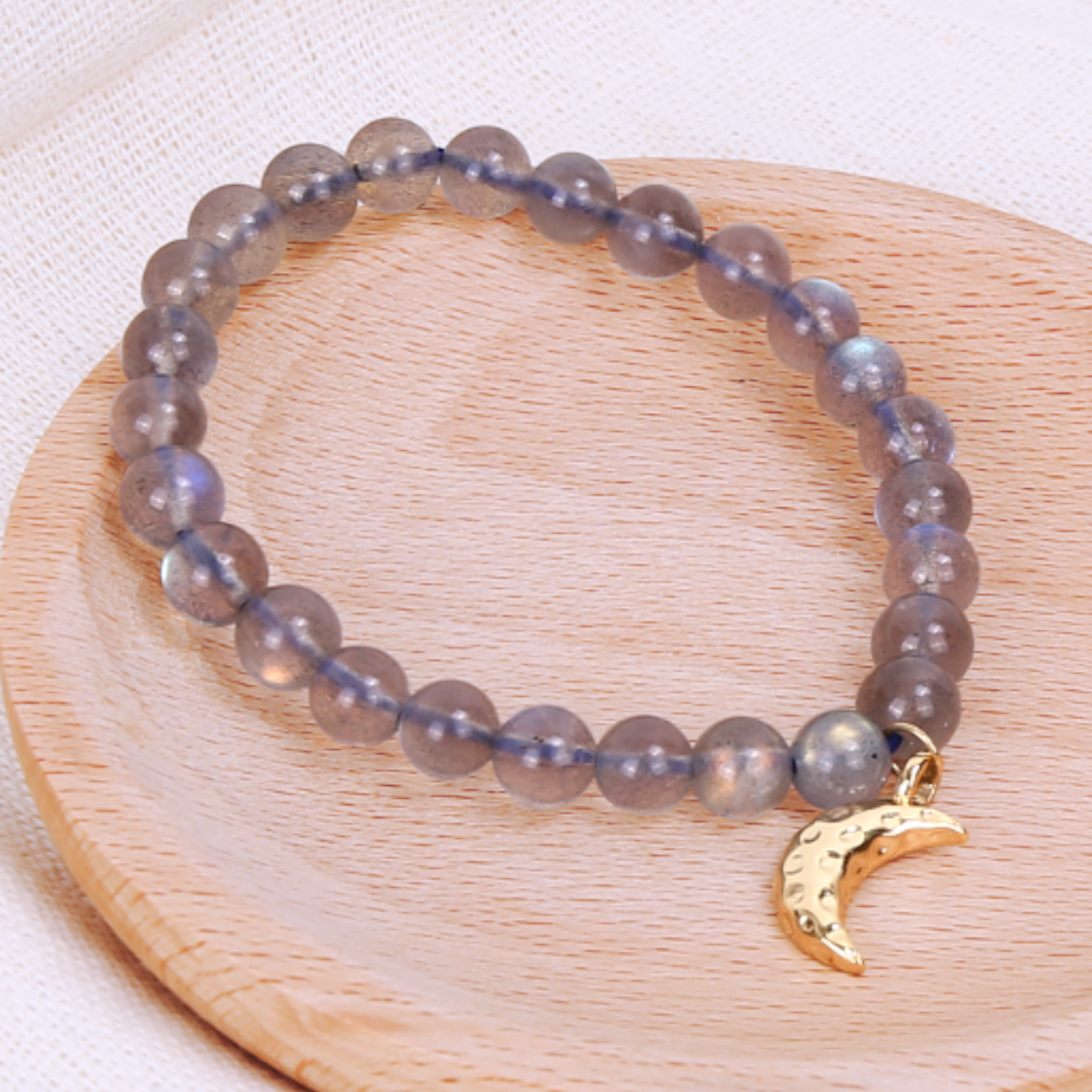 Silver Dreamstone Bracelet — Grey Moonstone Healing Crystal Bracelet| 18K Gold-Plated Charm