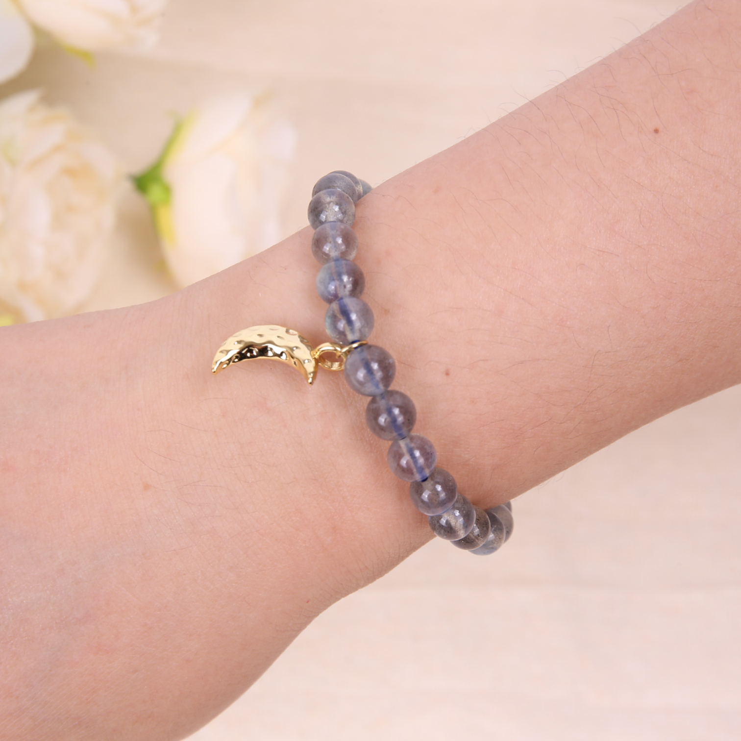 Silver Dreamstone Bracelet — Grey Moonstone Healing Crystal Bracelet| 18K Gold-Plated Charm