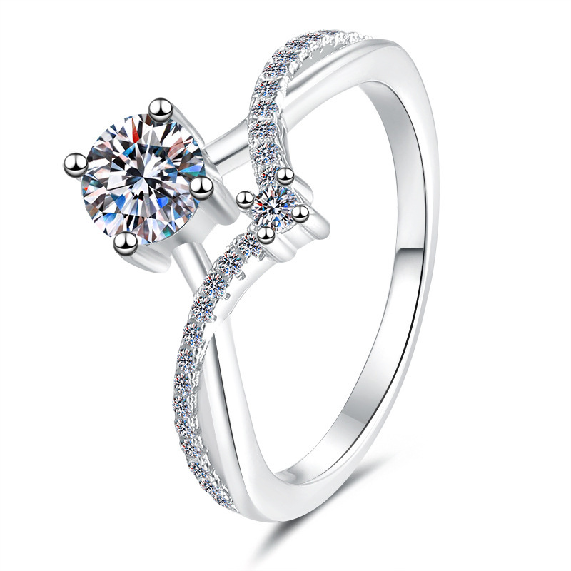 1ct Moissanite Ring - 925 Sterling Silver Crown V-Shape Engagement Ring