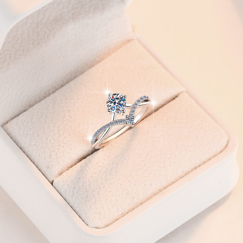 1ct Moissanite Ring - 925 Sterling Silver Crown V-Shape Engagement Ring