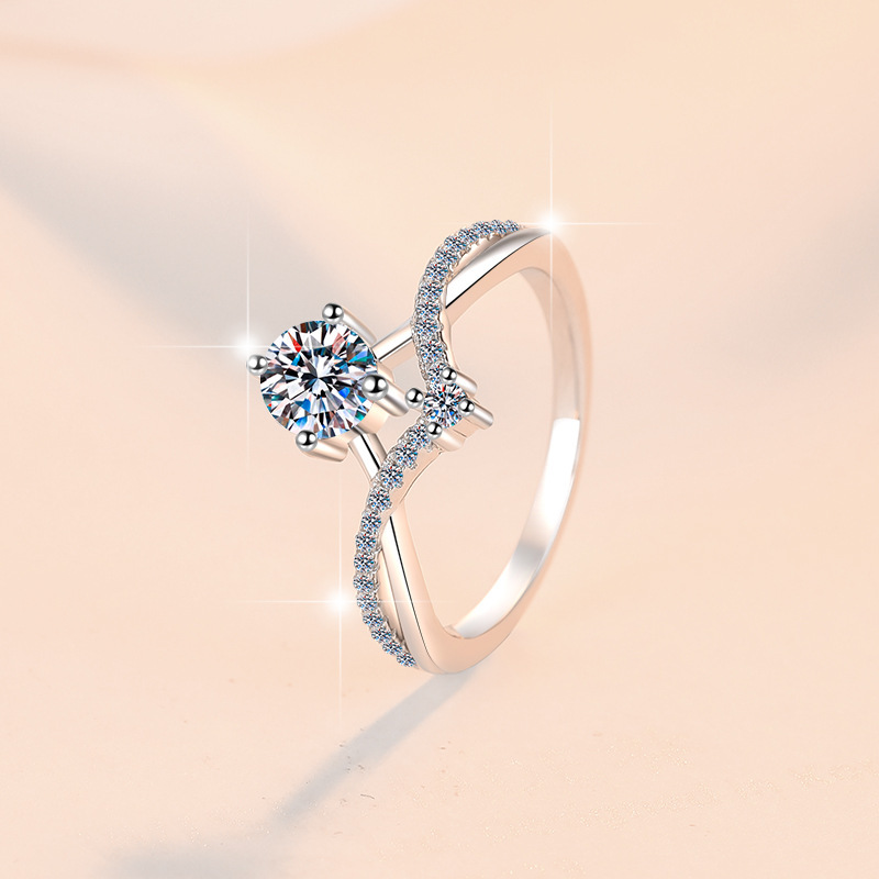 1ct Moissanite Ring - 925 Sterling Silver Crown V-Shape Engagement Ring
