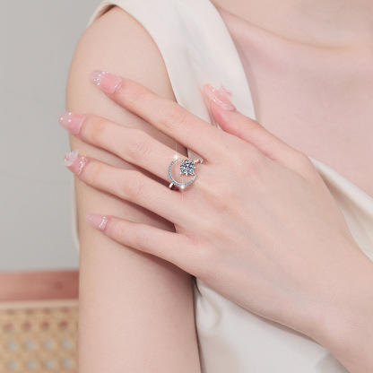 1ct Moissanite Ring - Adjustable 925 Sterling Silver Crescent Moon Ring