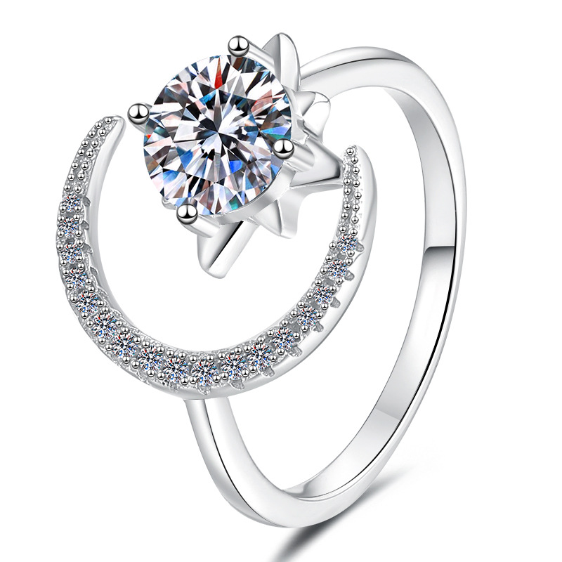 1ct Moissanite Ring - Adjustable 925 Sterling Silver Crescent Moon Ring