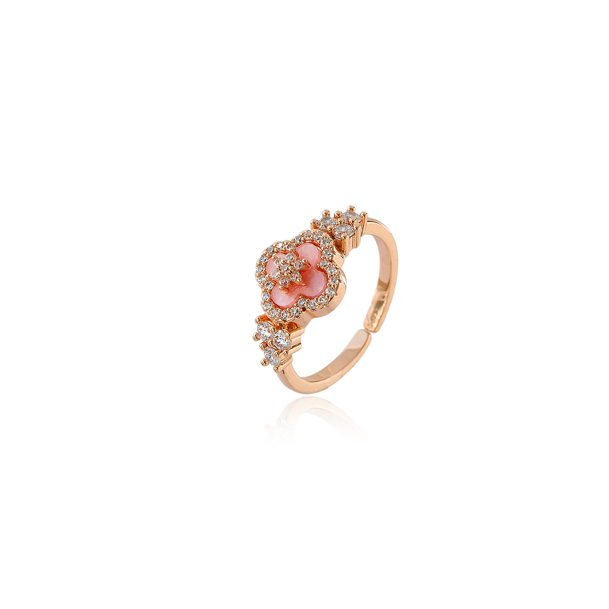 Pink Enamel Four-Leaf Clover Ring - Rose Gold Plated Copper with Sparkling Crystals