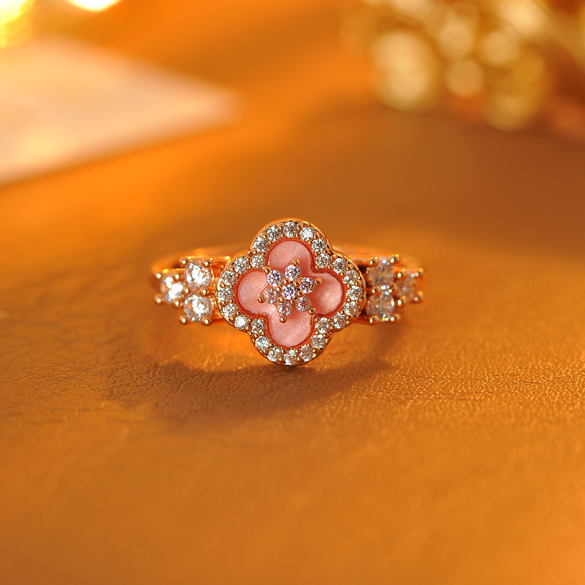 Pink Enamel Four-Leaf Clover Ring - Rose Gold Plated Copper with Sparkling Crystals