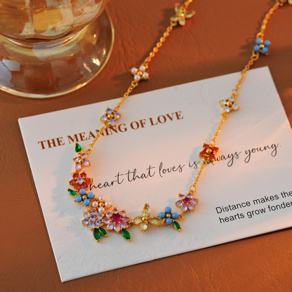 Rainbow Zirconia Flower & Butterfly Necklace