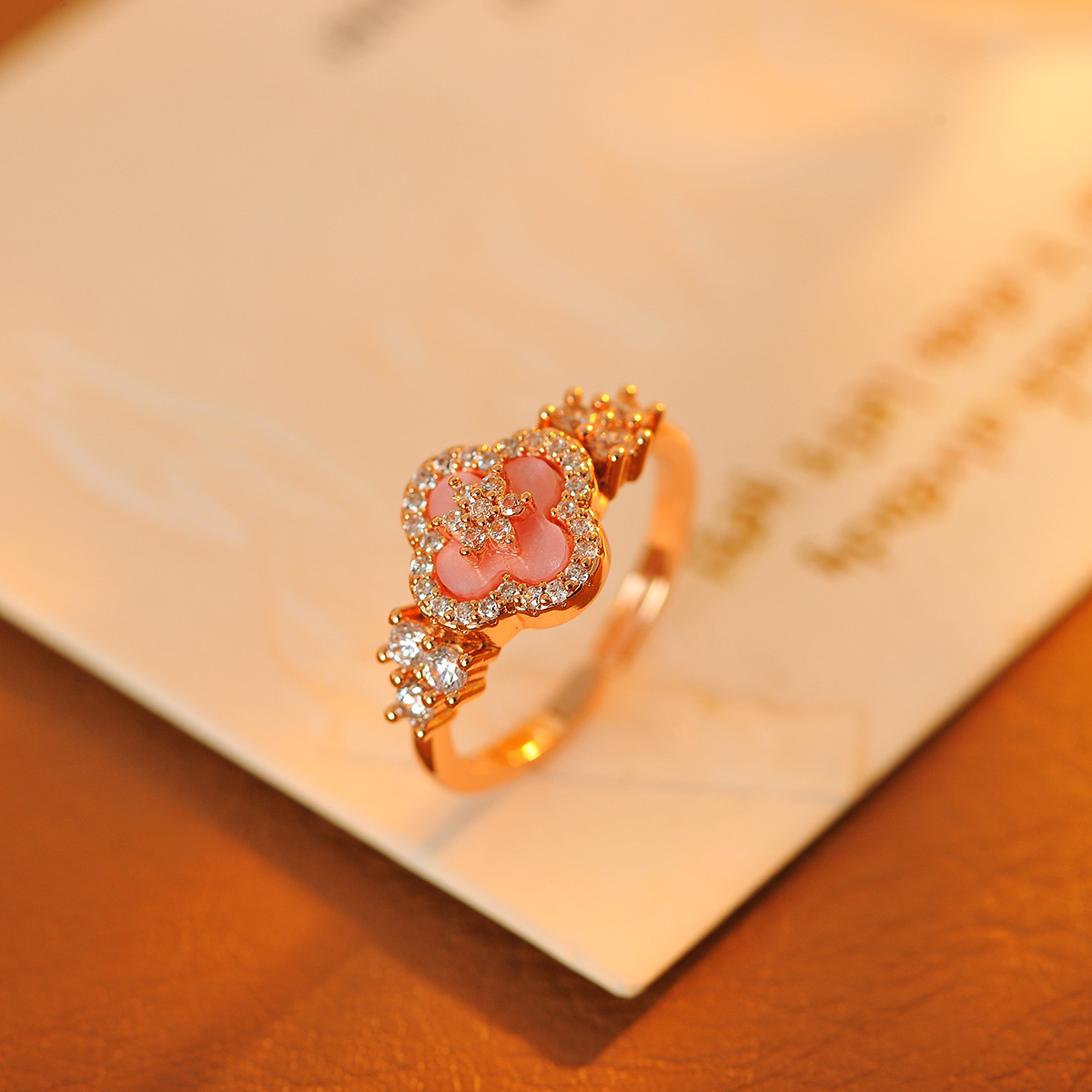 Pink Enamel Four-Leaf Clover Ring - Rose Gold Plated Copper with Sparkling Crystals