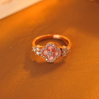 Pink Enamel Four-Leaf Clover Ring - Rose Gold Plated Copper with Sparkling Crystals