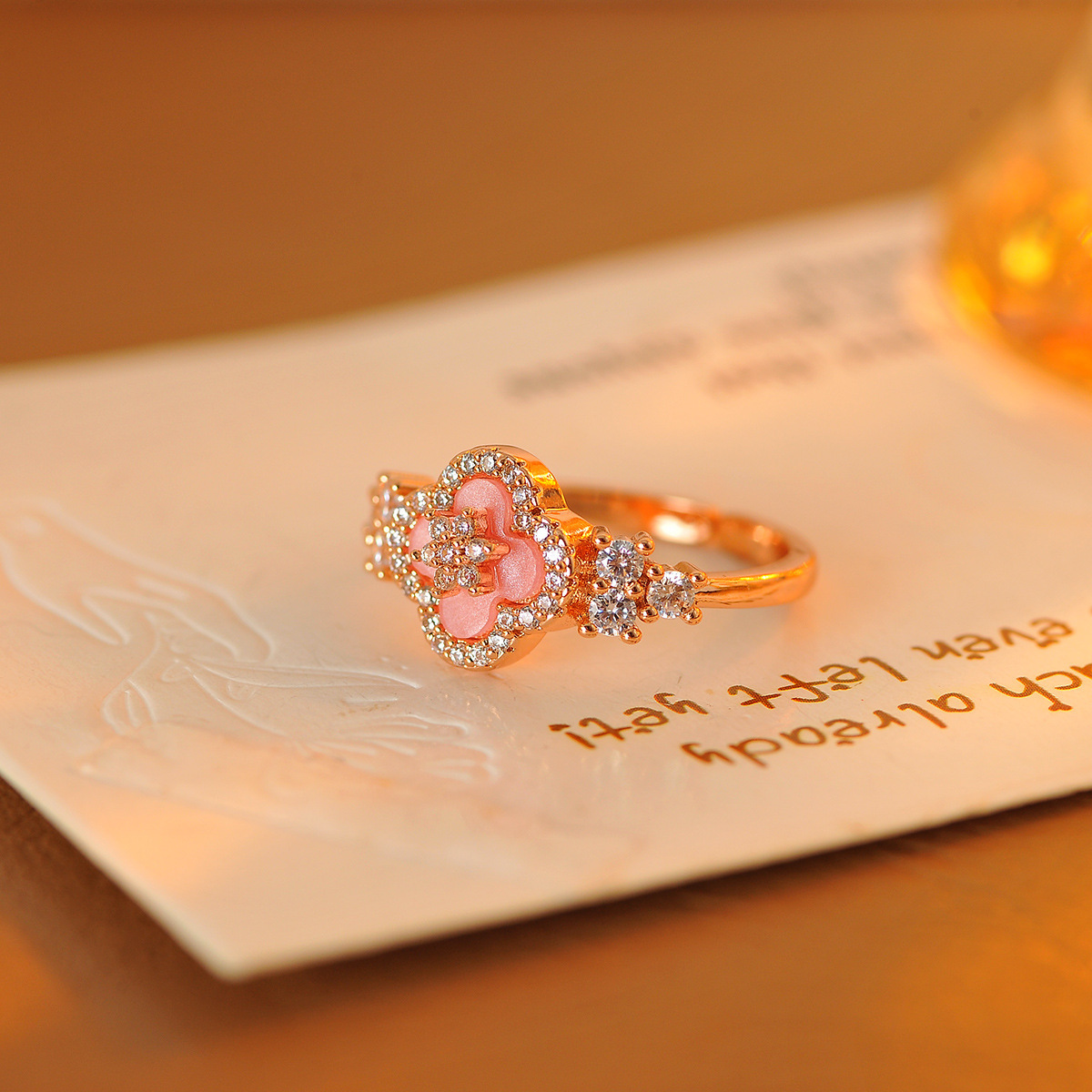 Pink Enamel Four-Leaf Clover Ring - Rose Gold Plated Copper with Sparkling Crystals