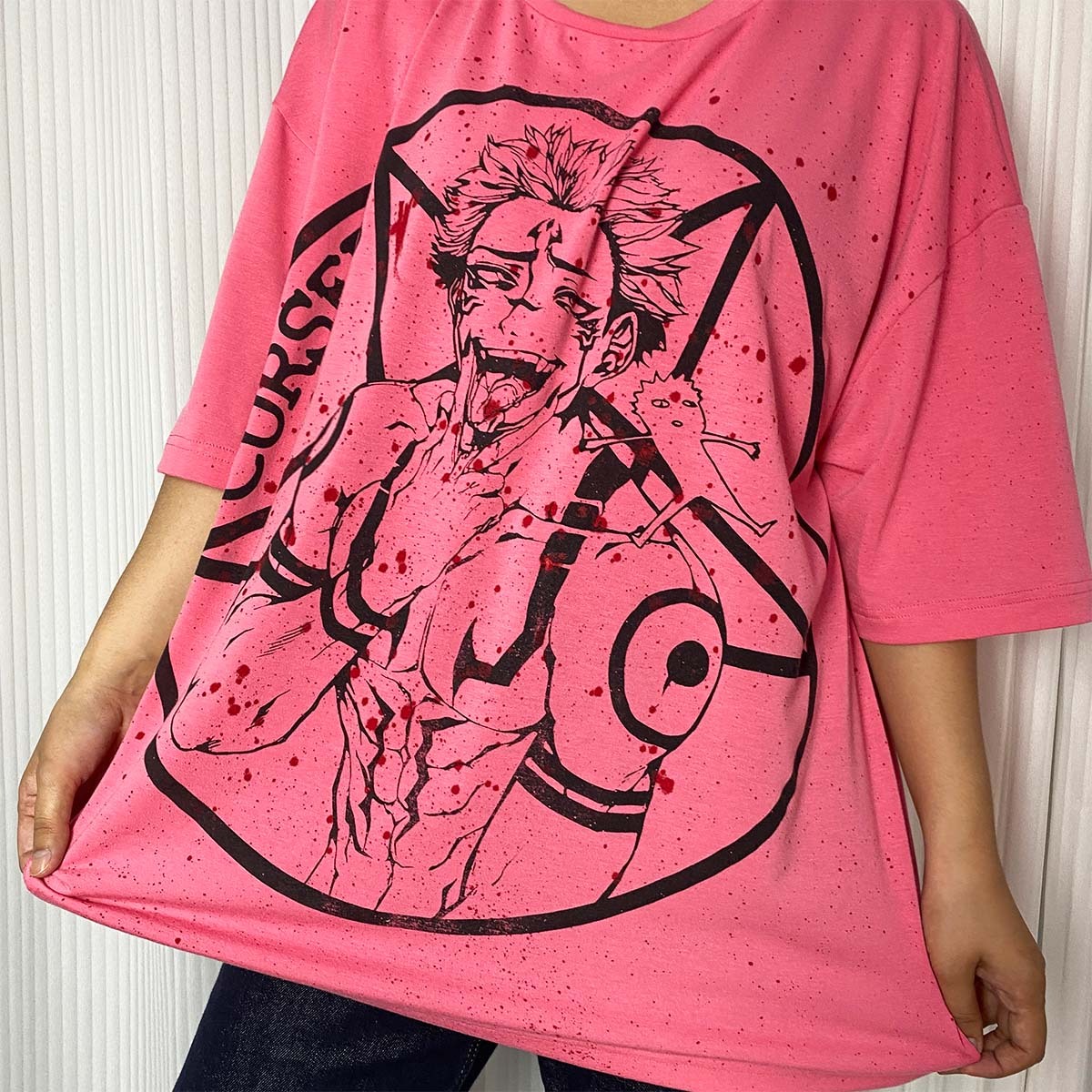 JJK Sukuna Curse Pink Tee Anime Jujutsu Kaisen T-Shirt Short-Sleeved Top Gift For Anime Lover Anime Fans Womenswear Comfort Loose Tshirt