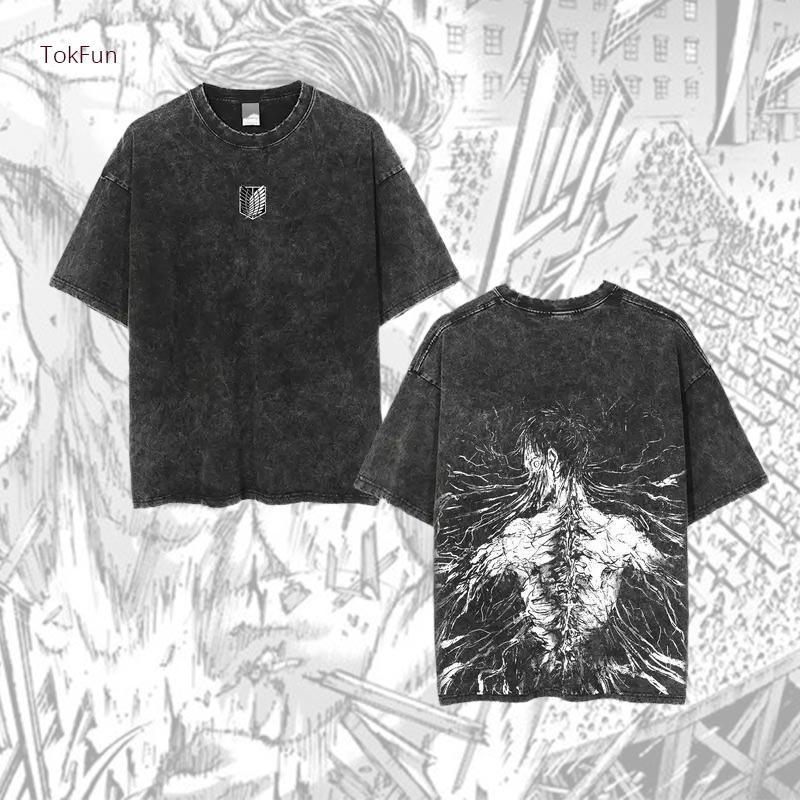 Eren Attack Titan cotton wash T-shirt Survey Corps cosplay short-sleeved novel comfortable unisex clothing Top Tee Menswear Tshirt Streetwear Tropical