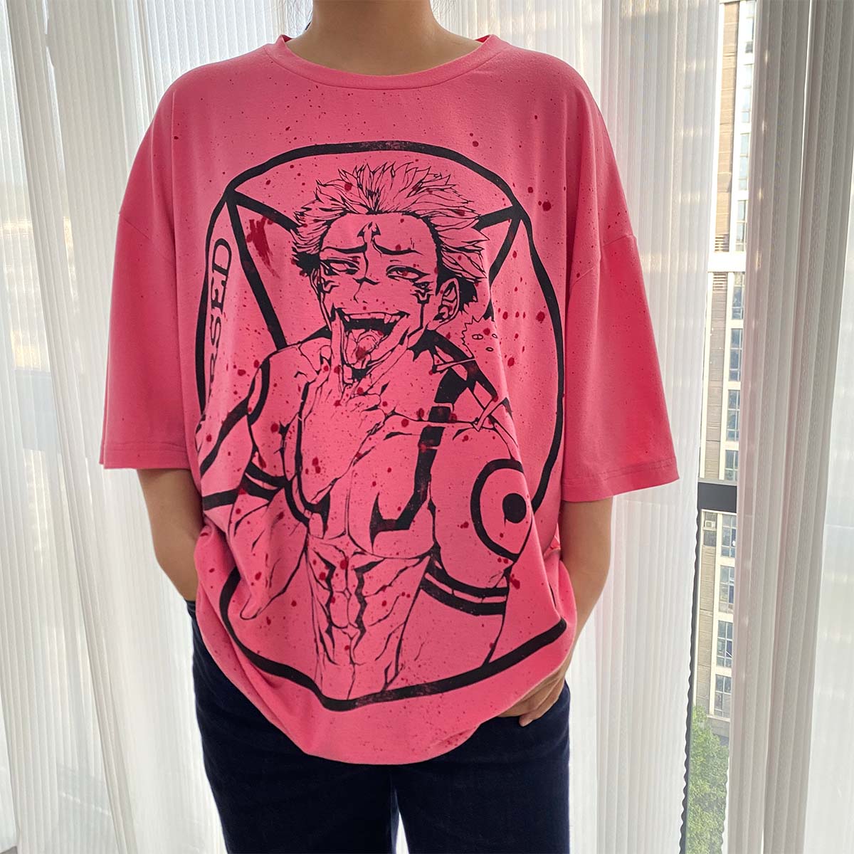 JJK Sukuna Curse Pink Tee Anime Jujutsu Kaisen T-Shirt Short-Sleeved Top Gift For Anime Lover Anime Fans Womenswear Comfort Loose Tshirt