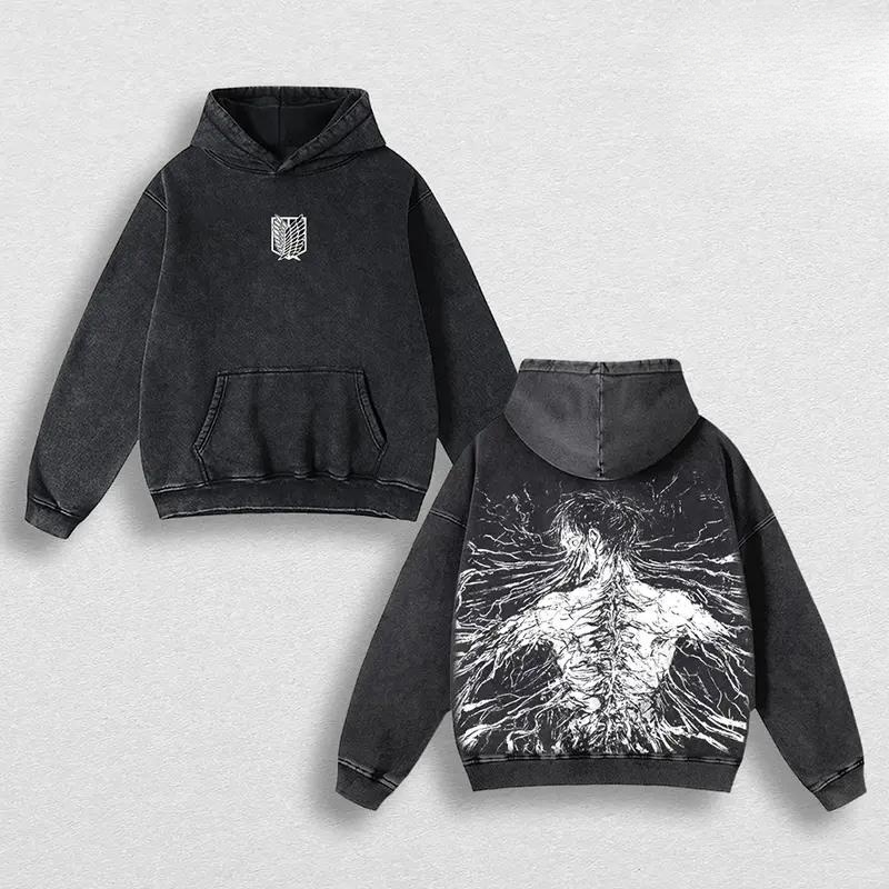 Washed Black AOT Eren-Titan Print Hoodie
