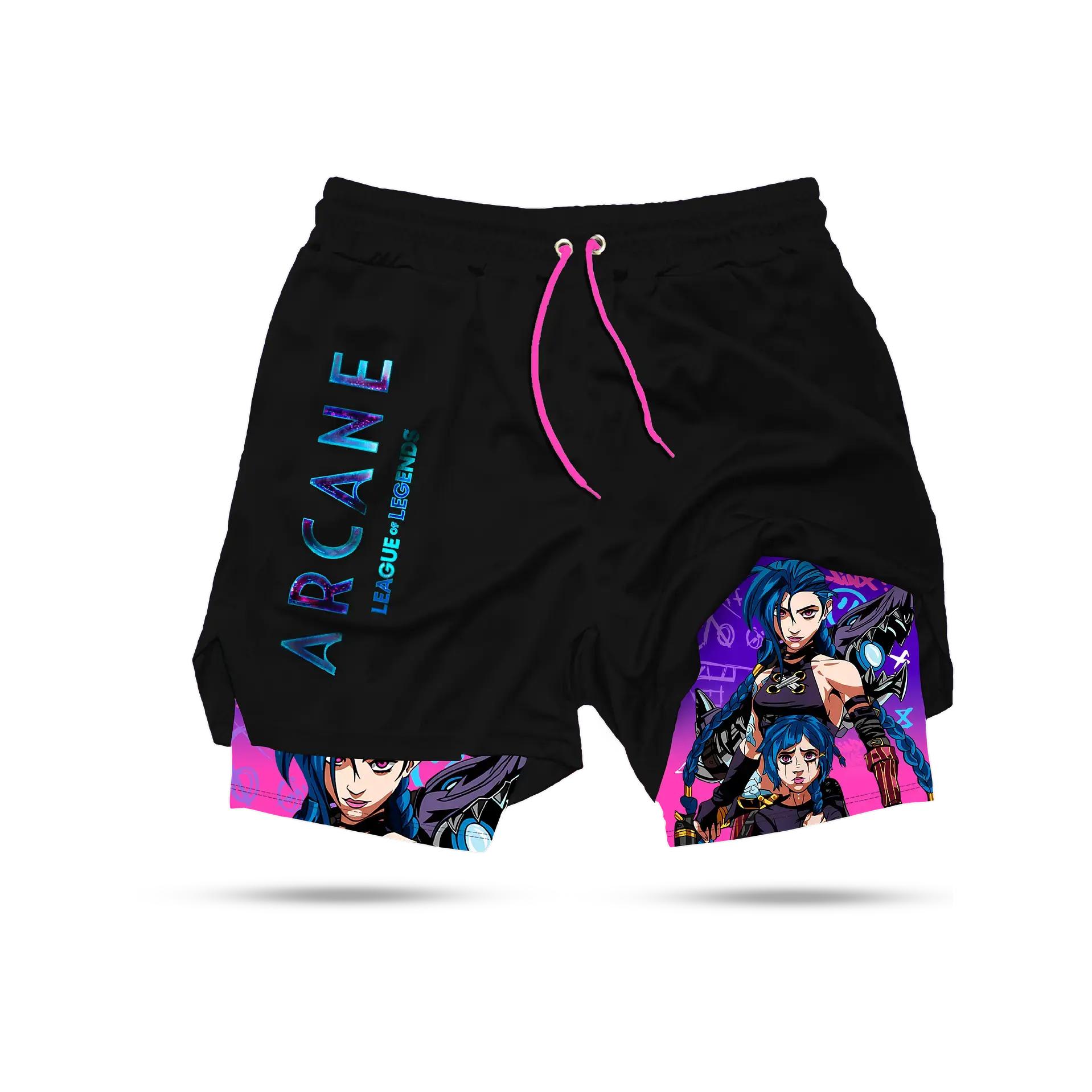 Jinx Arcane Men's 2 in 1 Anime Graphic Gym Shorts Quick Dry Drawstring Mesh Athletic Running Shorts with Liner