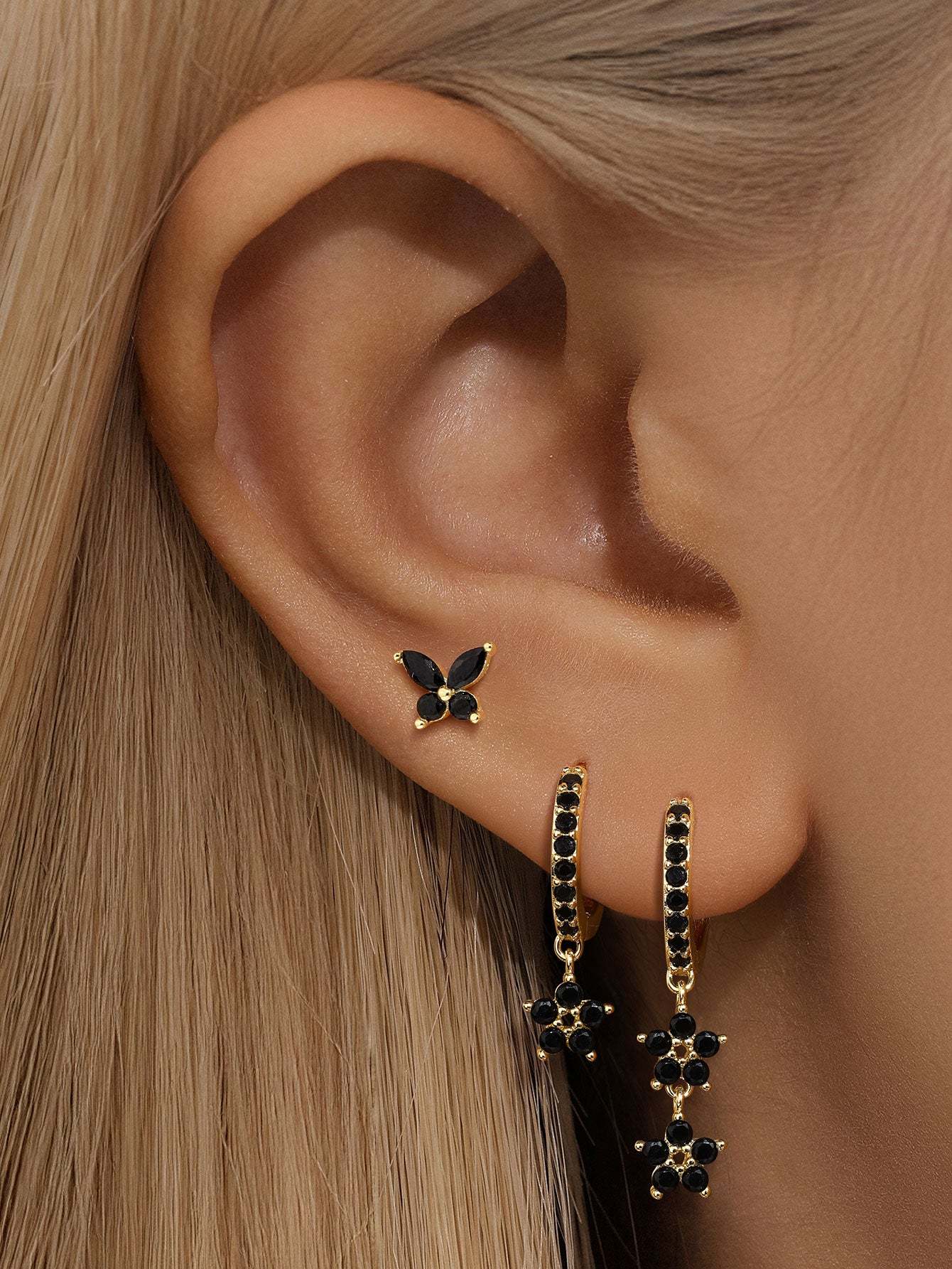 S925 Black Zirconia Flower Fashion Elegant Studs Hoops Earring-Olarajewelry