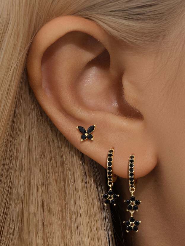 S925 Black Zirconia Flower Fashion Elegant  Studs Hoops Earring-Olarajewelry