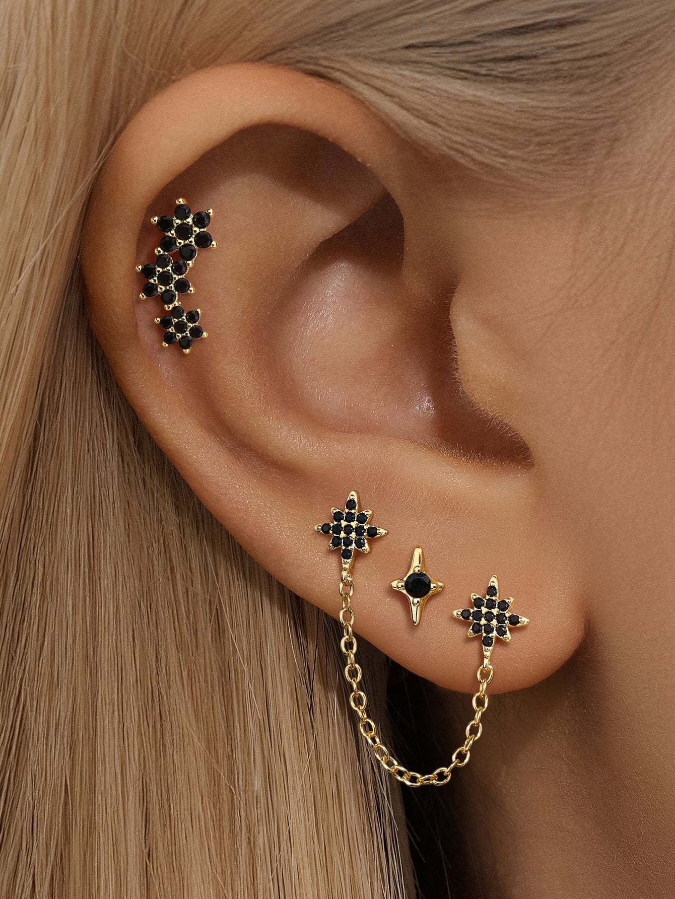 S925 Black Double Flower Chain Elegant Stud Earrings-Olarajewelry