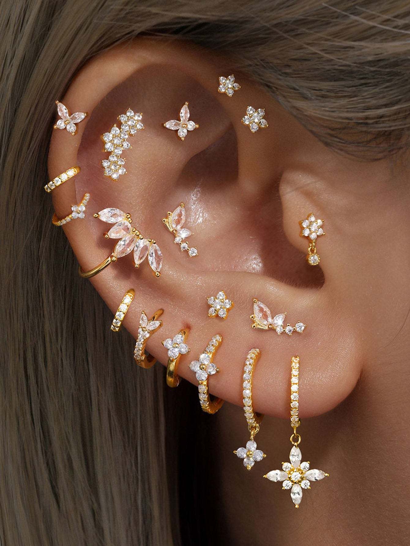 S925 Butterfly Flower Zircon All Match Earring Set-Olarajewelry