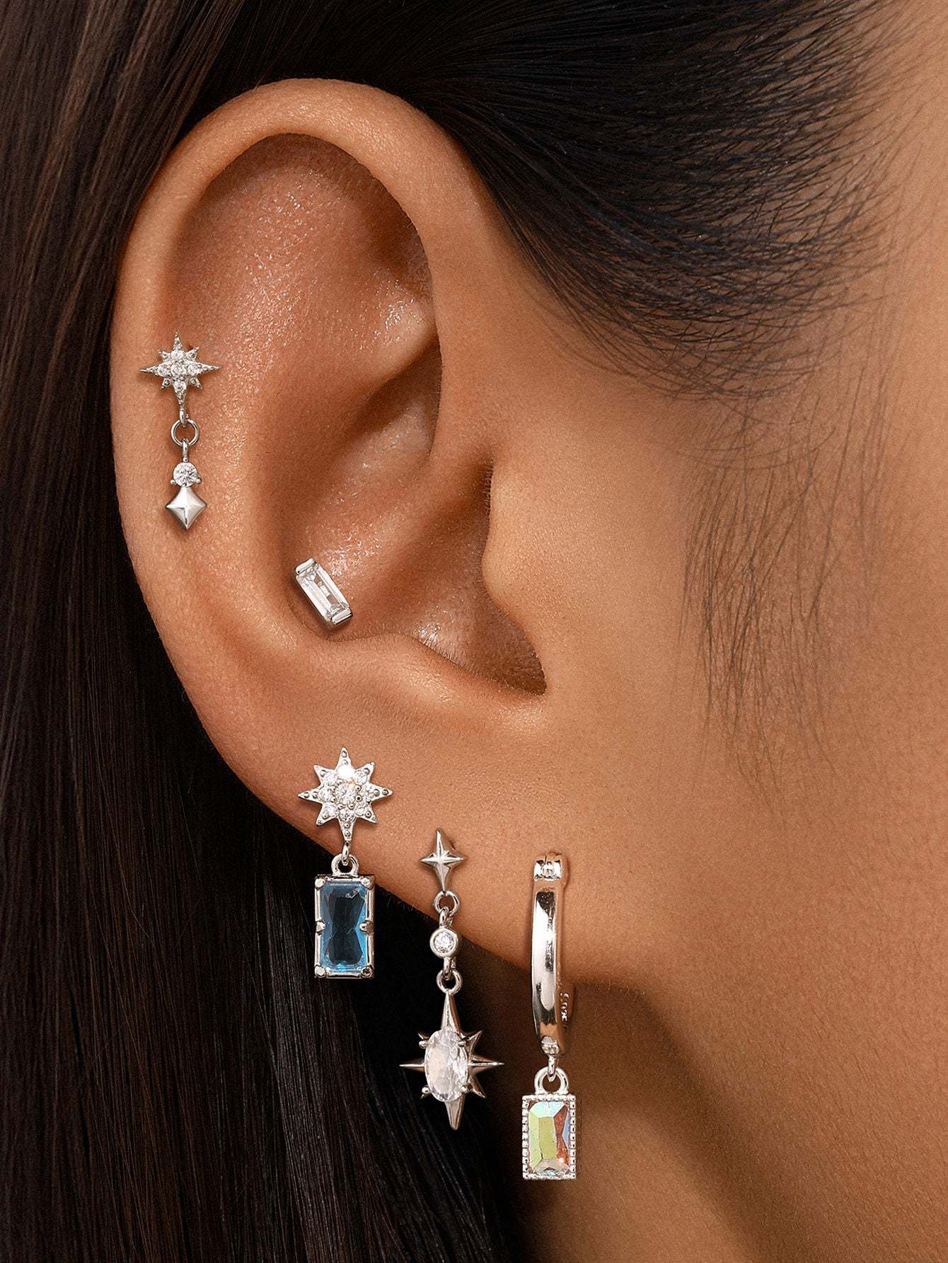 Olara Baguette Zircon 925 Sterling Silver Threaded Labret Piercing-Olarajewelry