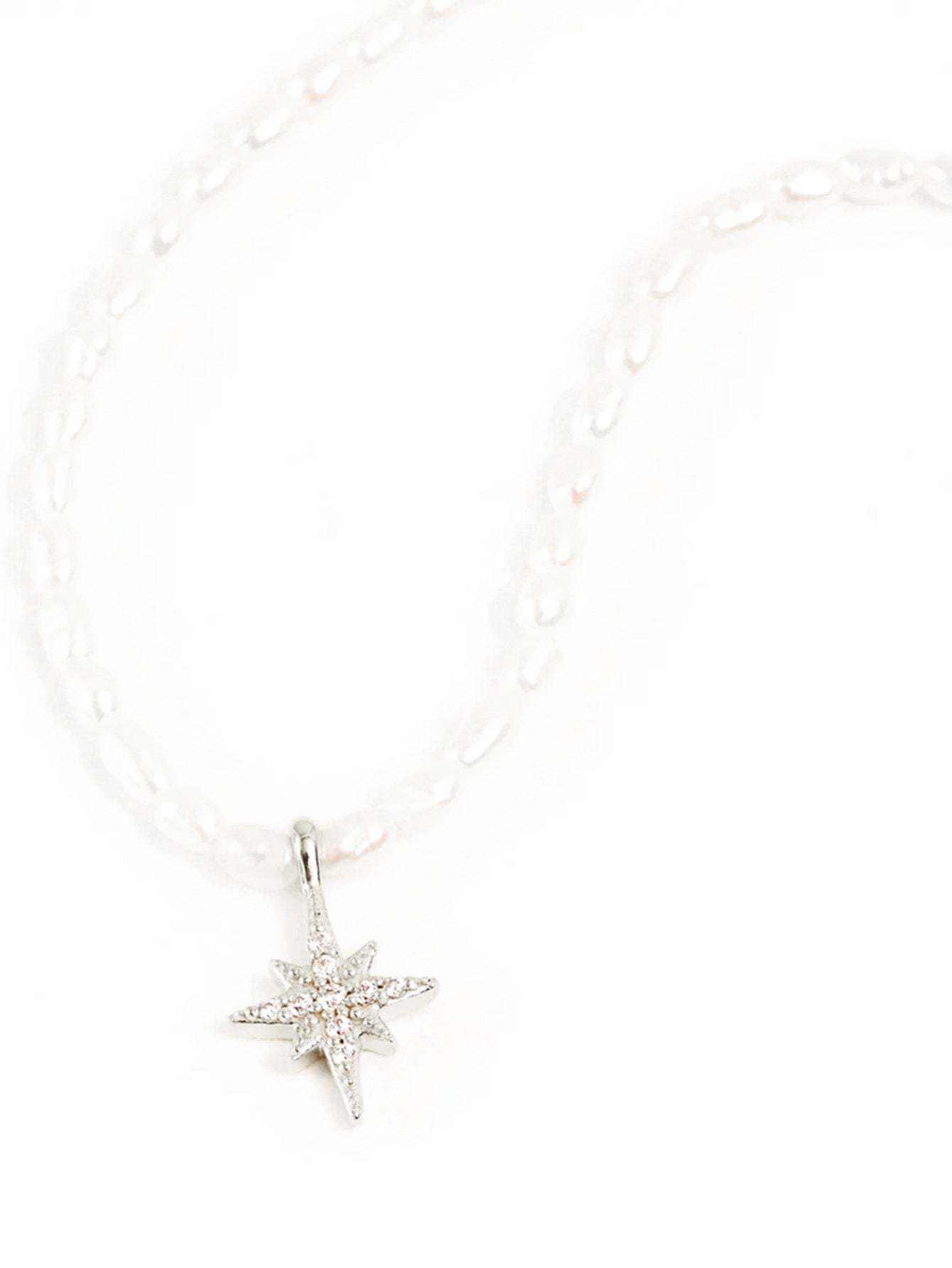 S925 Sterling Silver French Beige Pearl Octagonal Star with Zirconia Necklace-Olarajewelry