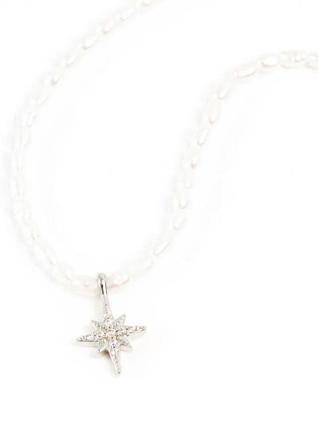 S925 Sterling Silver French Beige Pearl Octagonal Star with Zirconia Necklace-Olarajewelry