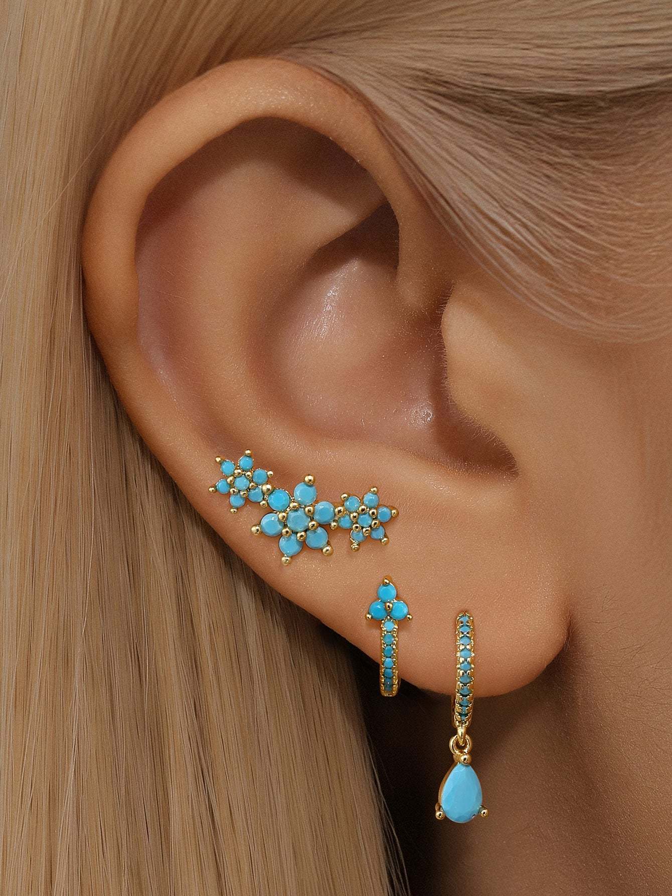 S925 Turquoise Flower Drop Hoop Earring Set-Olarajewelry