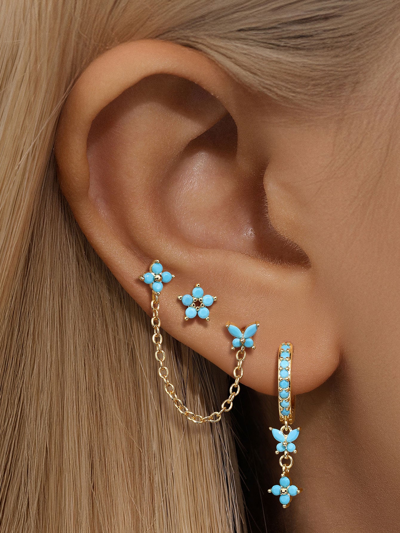 S925 Turquoise Flower Fashion Studs Hoops Earrings-Olarajewelry