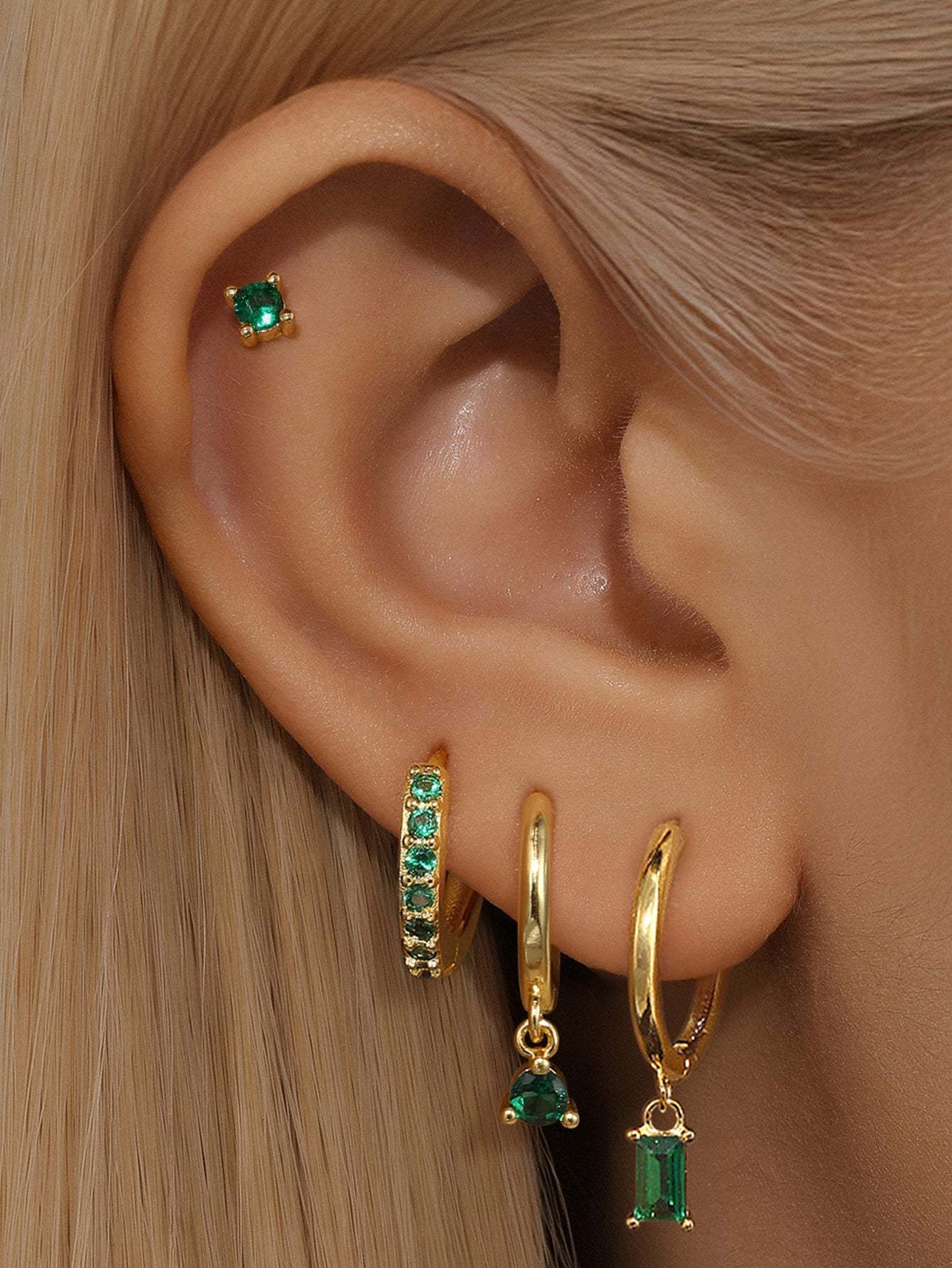 S925 Green Square ＆ Round Drop Earring Set-Olarajewelry