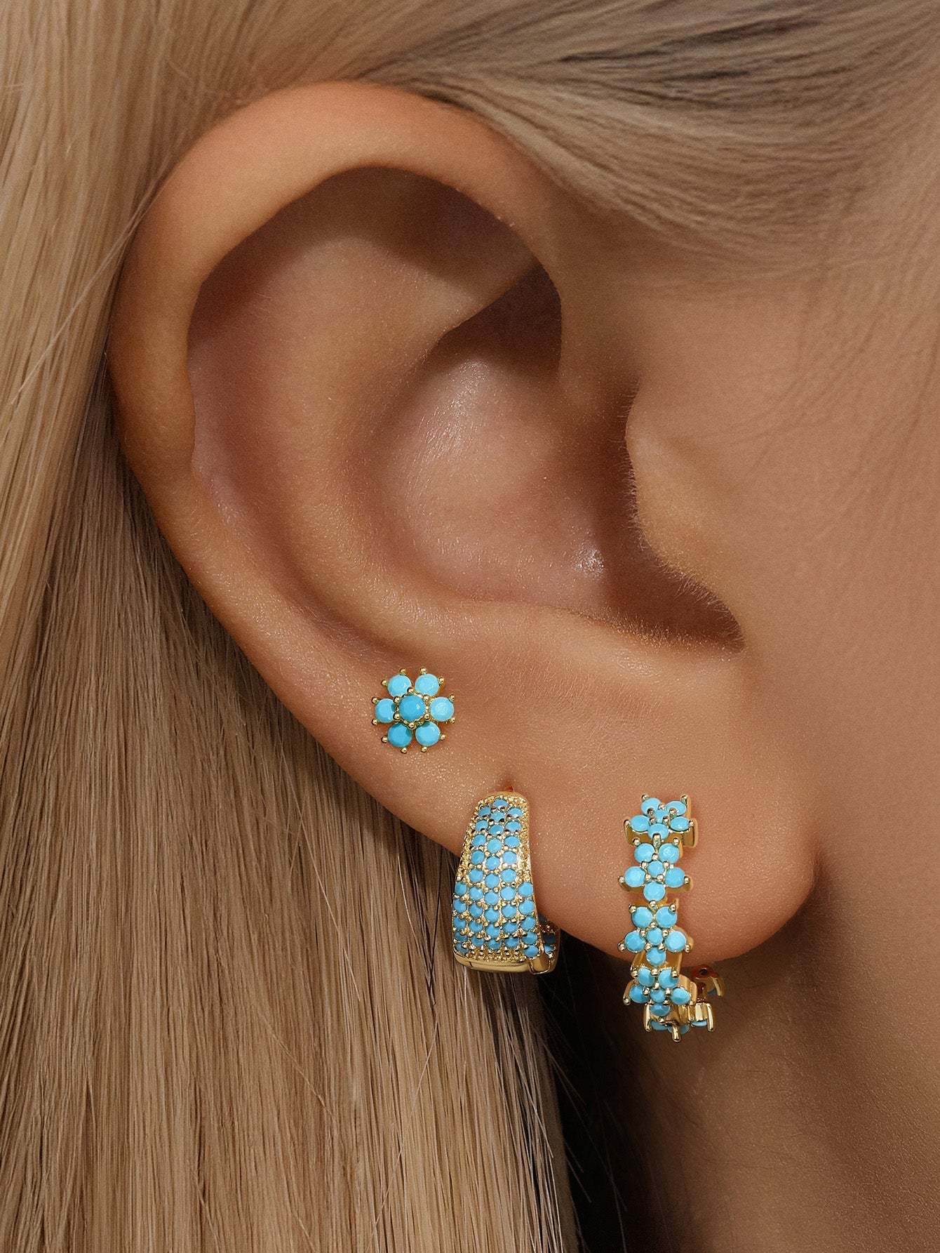 Wide Rimmed Pave Turquoise Huggies Earrings-Olarajewelry