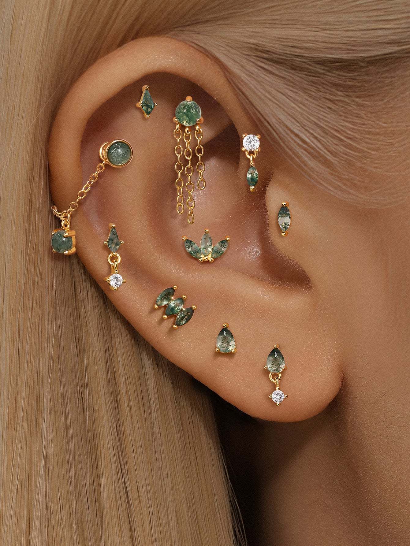 S925 Water Grass Agate Tassel Pendant Ear Piercing Stud-Olarajewelry