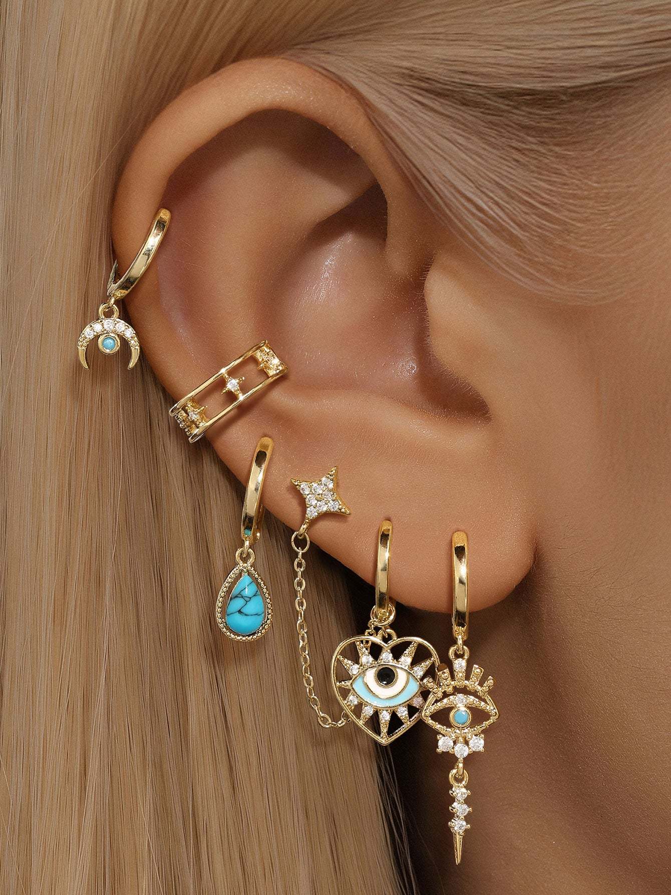 Lucky Devil's Eye Star and Moon Green Pendant Earring Collection-Olarajewelry