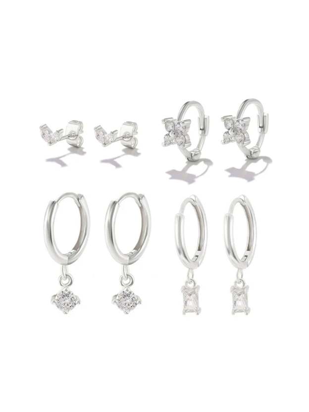 S925 Simple Zircon Hoop Drop Earring Set-Olarajewelry