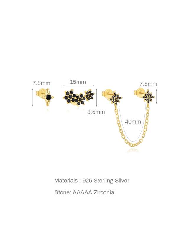 S925 Black Double Flower Chain Elegant Stud Earrings-Olarajewelry
