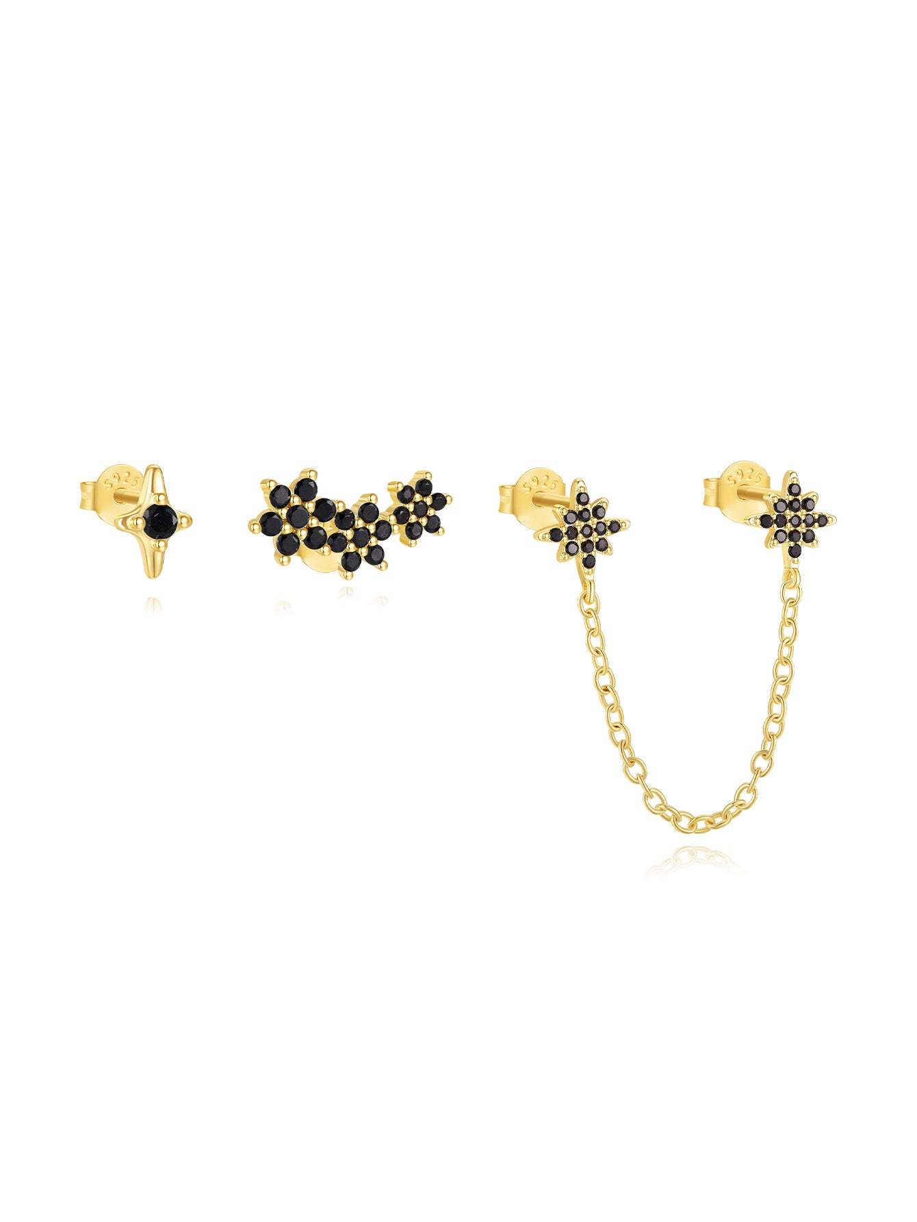S925 Black Double Flower Chain Elegant Stud Earrings-Olarajewelry