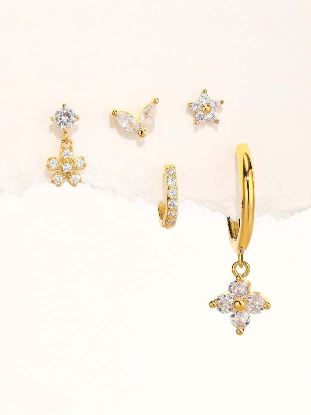 S925 5 Pieces Fresh Flower Zircon Stud Earring Set-Olarajewelry