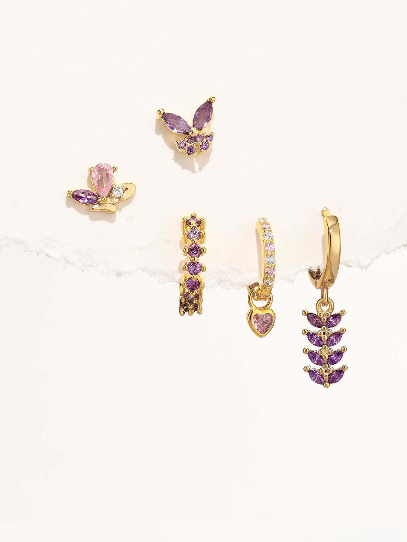 S925 Pink&Purple Butterfly Drop Earring Set-Olarajewelry