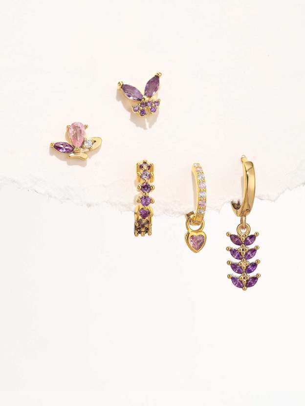 S925 Pink＆Purple Butterfly Drop Earring Set-Olarajewelry