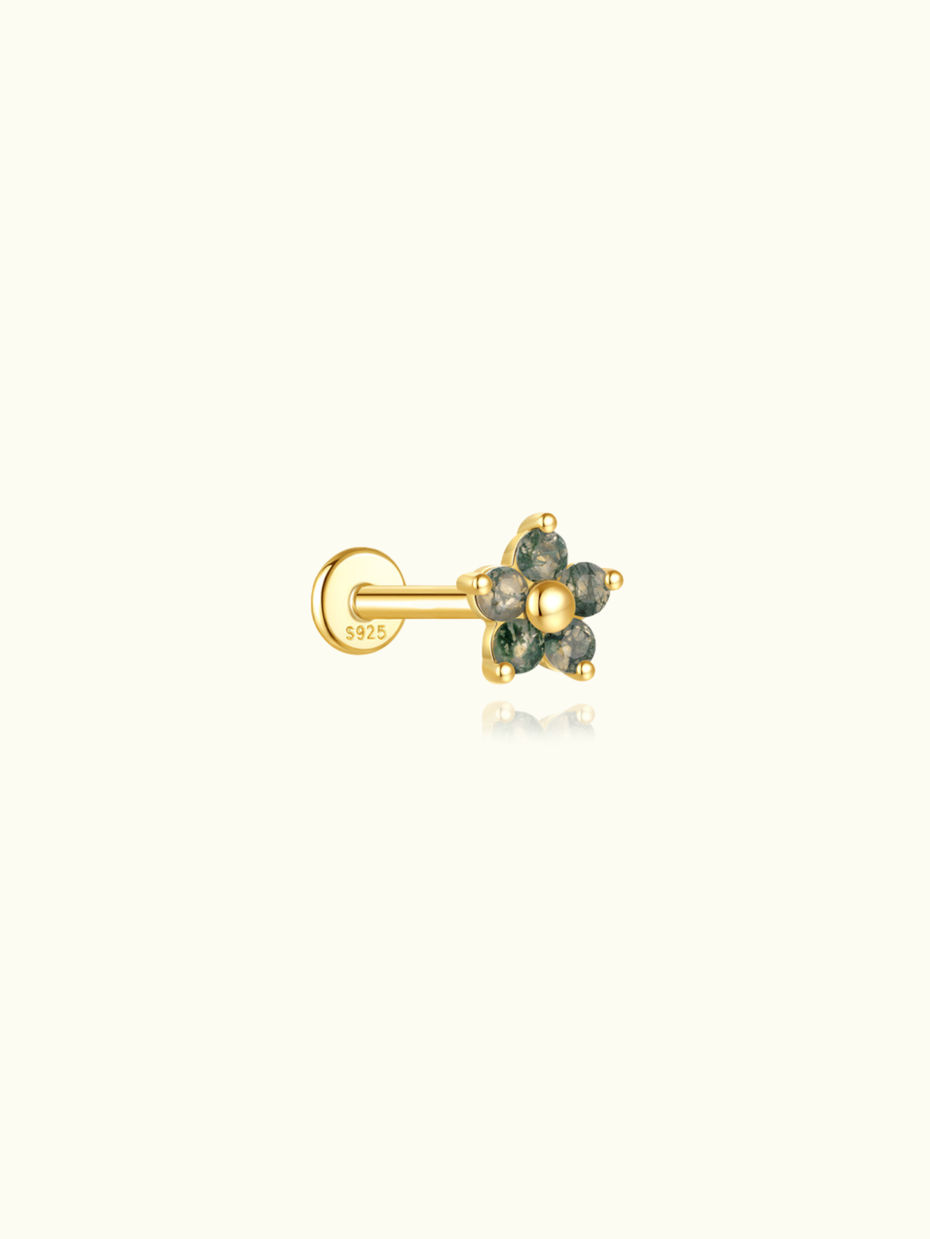 S925 Flower Moss Agate Ear Flatback Stud