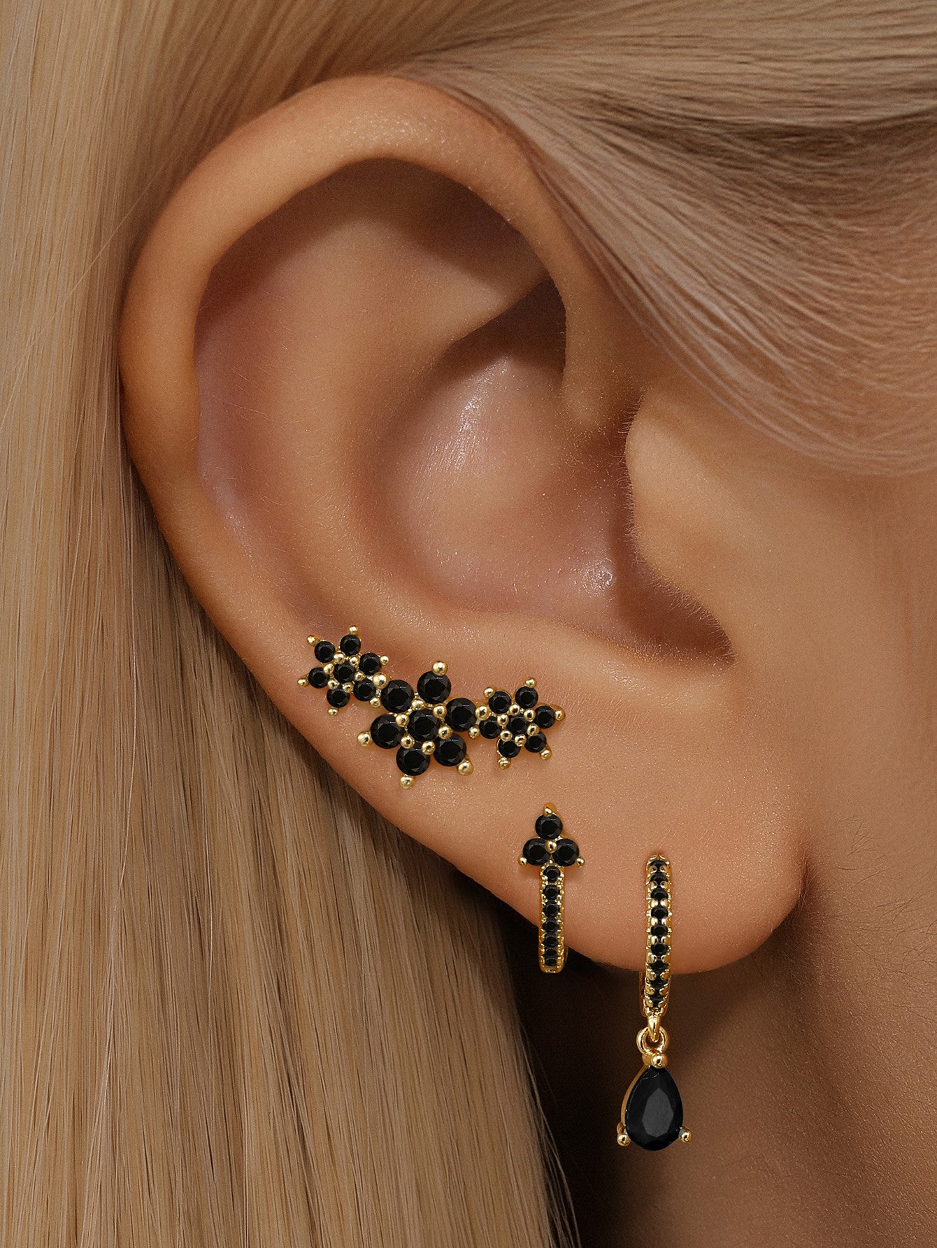 S925 Shiny Obsidian Flower Stud Earrings Set-Olarajewelry