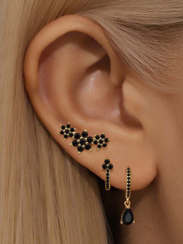 S925 Shiny Obsidian Flower Stud Earrings Set-Olarajewelry